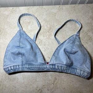 Roma Studio Light Wash Denim Bralette Bikini Top Triangle Premium Ramie Blend L‎